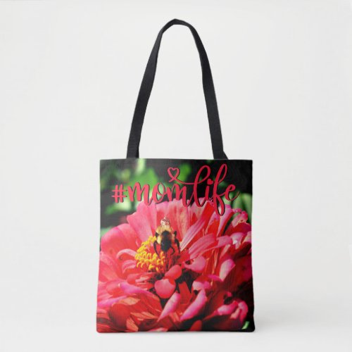 Elegant red coral floral cute bumble bee tote bag