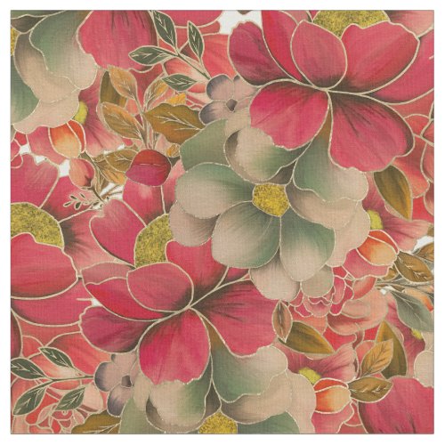 Elegant red coral green gold watercolor floral fabric