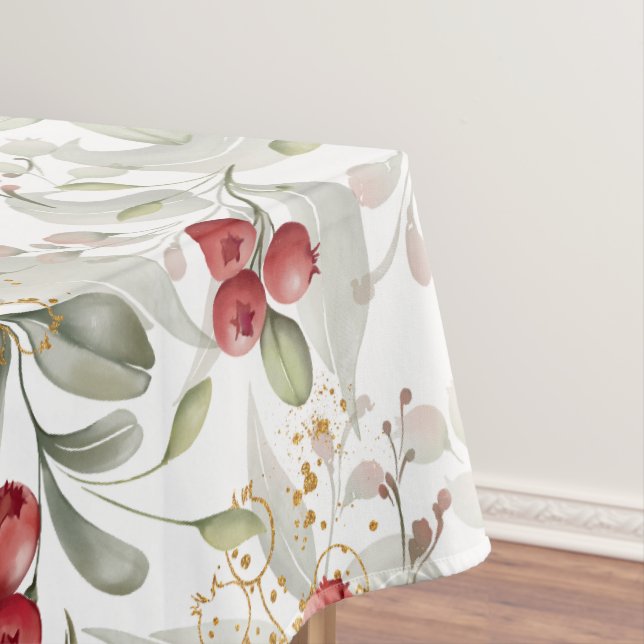 Elegant Red Cranberry Botanical Branches Christmas Tablecloth (In Situ)