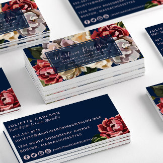 Elegant Red Cream Flowers on Navy Blue  Business Card