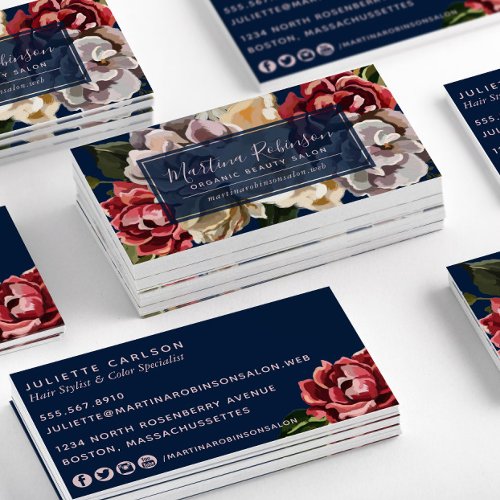 Elegant Red Cream Flowers on Navy Blue  Business Card