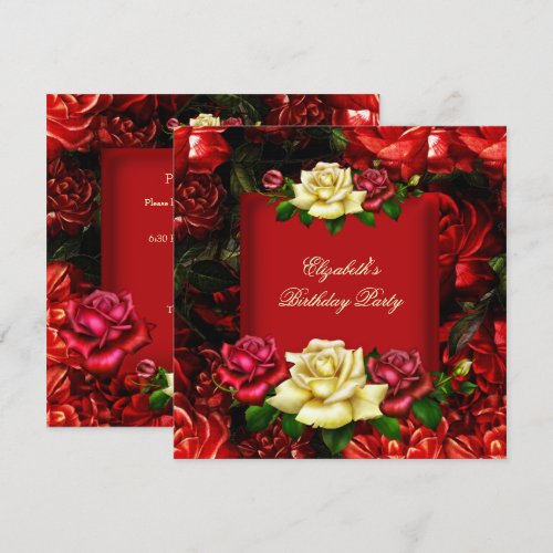 Elegant Red Cream Gold Flowers Birthday Party 2 Invitations