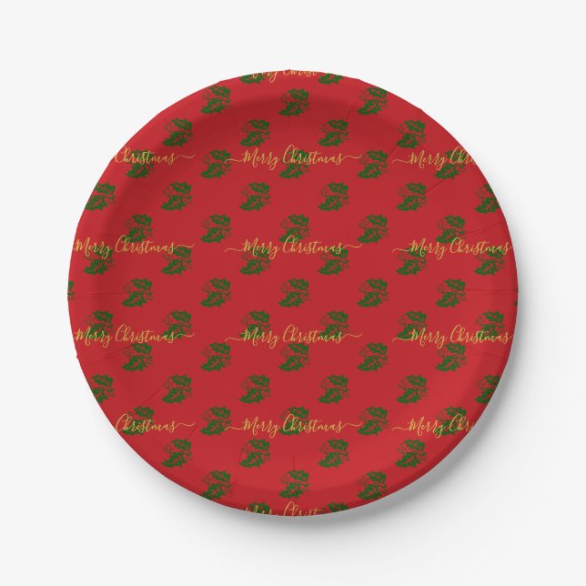 Elegant Red Custom Christmas Holly Paper Plates (Front)