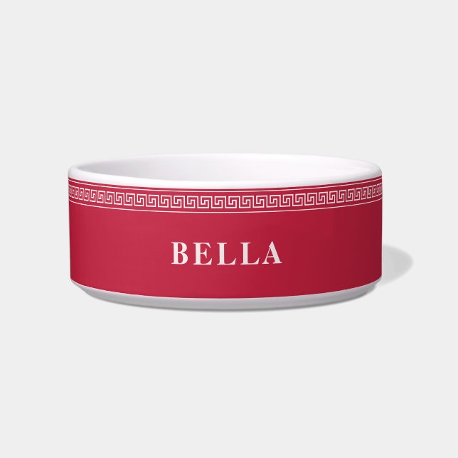 Elegant Red Cute Personalized Name Greek Meander Bowl (Front)