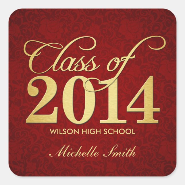 Elegant Red damask and gold Class of 2014 Square Sticker (Front)