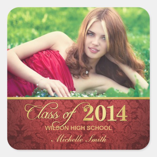 Elegant Red damask and gold Class of 2014 Square Sticker (Front)