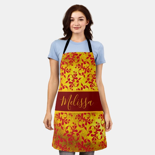 Elegant Red Damask and Gold Texture  Apron (Worn)