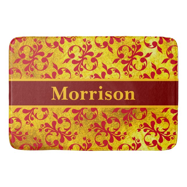 Elegant Red Damask and Gold Texture  Bath Mat (Front)