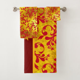 Elegant Red Damask and Gold Texture  Bath Towel Set