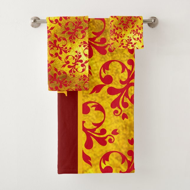 Elegant Red Damask and Gold Texture  Bath Towel Set (Insitu)