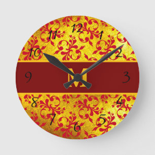 Elegant Red Damask and Gold Texture Clock