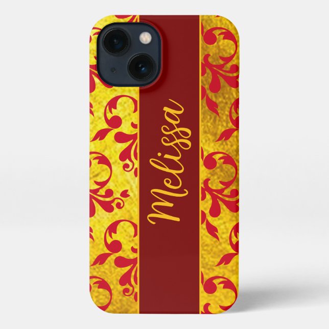 Elegant Red Damask and Gold Texture Iphone Case (Back)