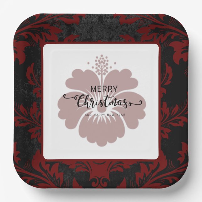 Elegant red damask Christmas custom Paper Plates (Front)