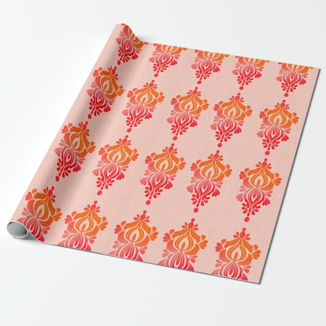 Elegant Red Damask Floral Baroque Wrapping Paper (Unrolled)