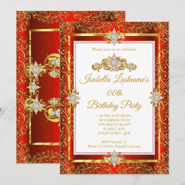 Elegant Red Damask Gold White Birthday Party Invitation (Front/Back)