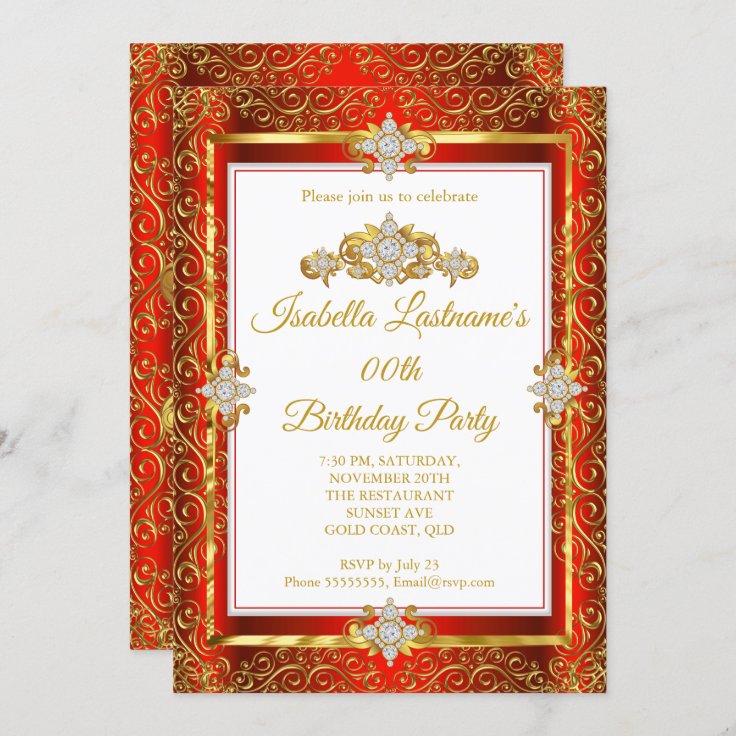 Elegant Red Damask Gold White Birthday Party Invitation 