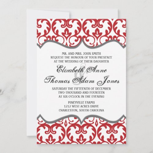 Elegant Red Damask Heart Wedding Invitation