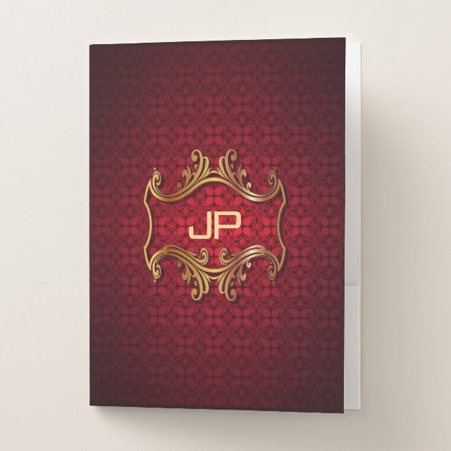Elegant Red Damask Monogram Template Classic Pocket Folder (Front)