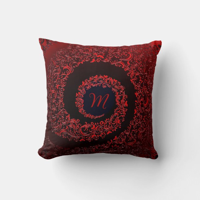Elegant Red Damask Monogram Throw Pillow (Front)