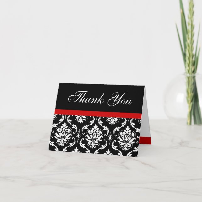 Elegant Red Damask Monogram Wedding Thank You Note (Front)