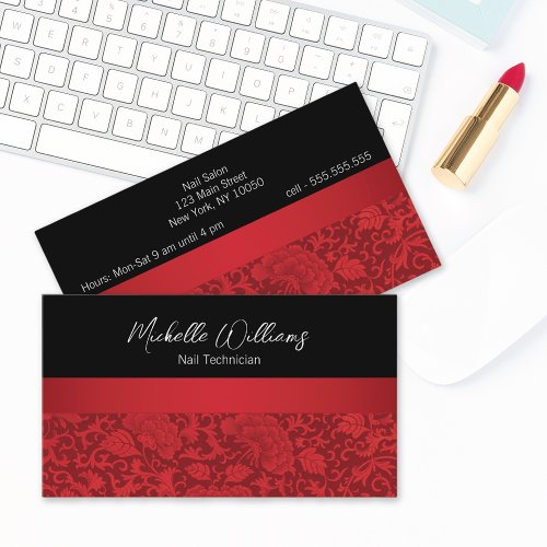 Elegant Red Damask Nail Technician Business Card