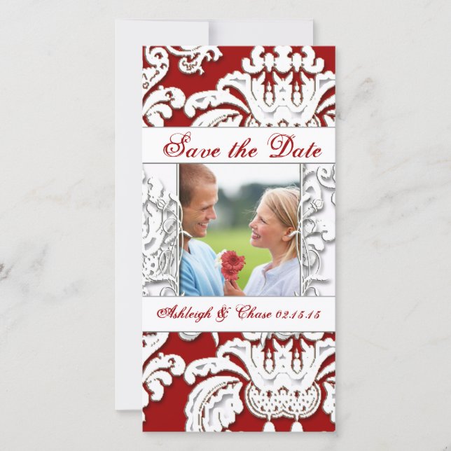 Elegant Red Damask Save the Date Your Photo (Front)