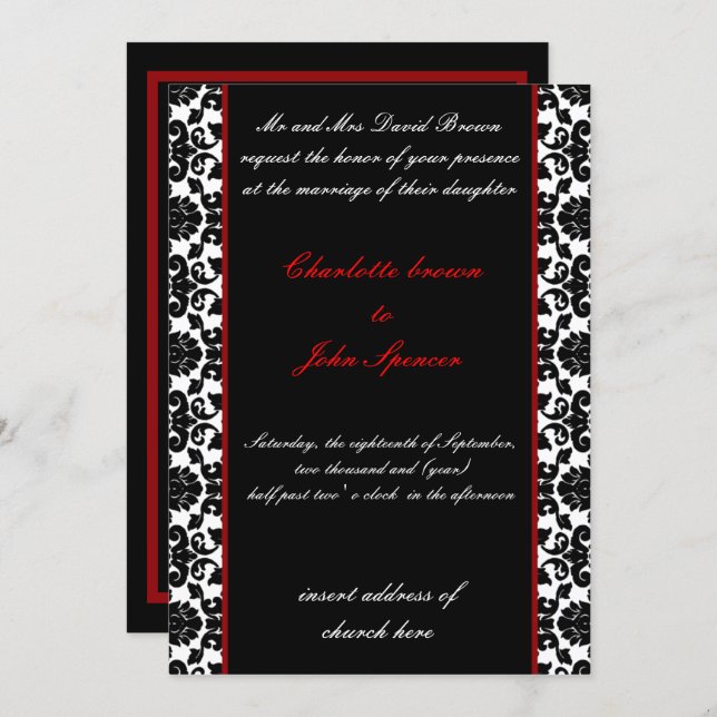elegant red damask wedding invitation (Front/Back)