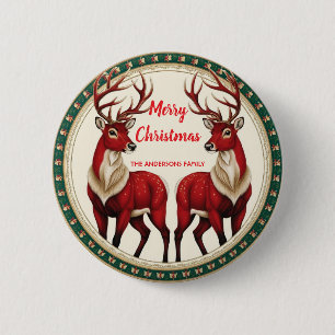 Elegant Red Deer Moose Gold Snow merry Xmas party Button