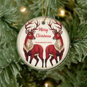 Elegant Red Deer Moose Gold Snow merry Xmas party Ceramic Ornament