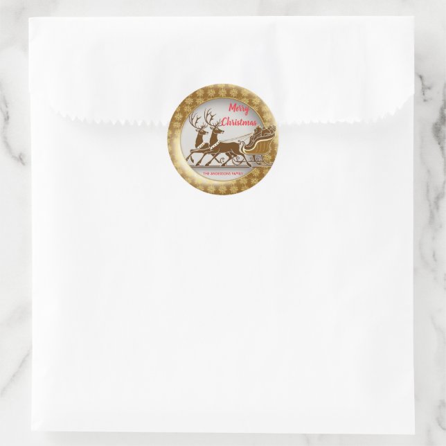 Elegant Red Deer Moose Gold Snow merry Xmas party Classic Round Sticker (Bag)