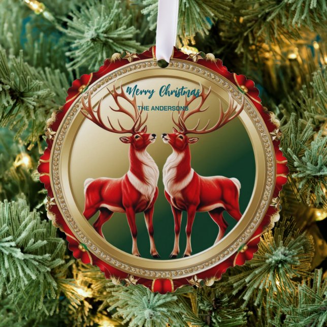 Elegant Red Deer Moose Gold Snow merry Xmas party Ornament Card (Insitu (Tree))
