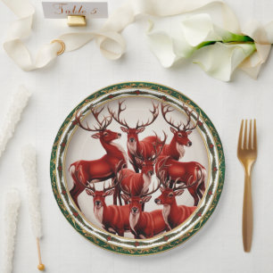Elegant Red Deer Moose Gold Snow merry Xmas party Paper Plates