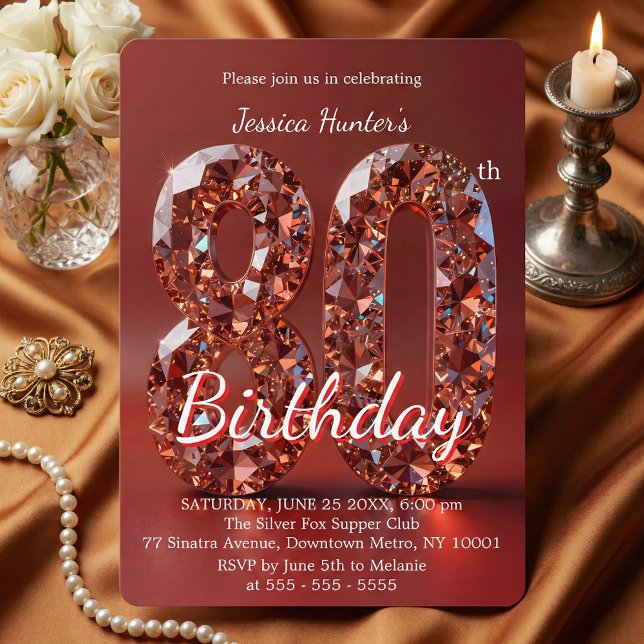 Elegant Red Diamond Gemstone Glamour 80th Party Invitation (Creator Uploaded)