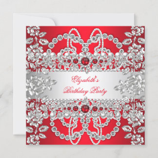 Elegant Red Diamonds Silver Floral Birthday Party Invitation