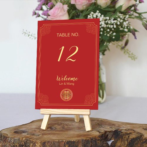 Elegant Red Double Happiness Chinese Wedding Table Number