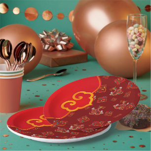 Elegant Red Dragon Chinese New Year Lucky Symbol 福 Paper Plates