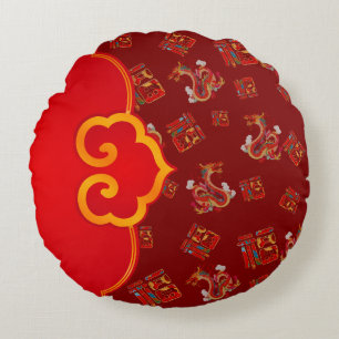 Elegant Red Dragon Chinese New Year Lucky Symbol 福 Round Pillow