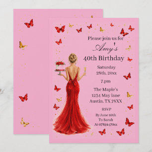 Elegant Red dress & butterflies 40th Birthday Invitation