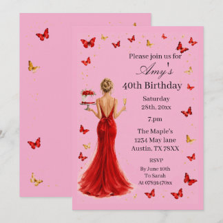  Elegant Red dress & butterflies 40th Birthday   Invitation