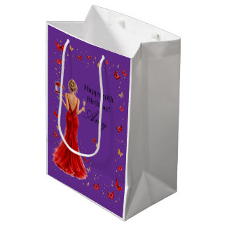  Elegant Red dress with butterflies 40th birthday Medium Gift Bag