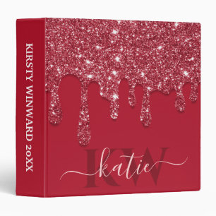 Elegant Red Dripping Glitter Monogram 3 Ring Binder
