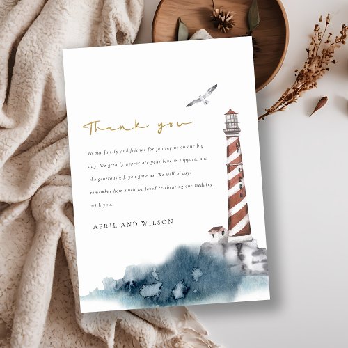 ELEGANT RED DUSKY BLUE LIGHTHOUSE SEA WAVE WEDDING THANK YOU CARD