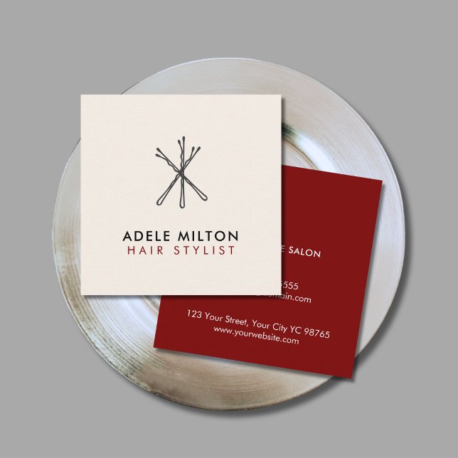 Elegant Red Ecru White Bobby Pins Hair Square Business Card (Creator Uploaded)