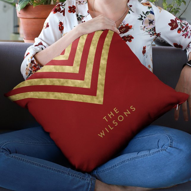 Elegant Red Family Name Chevron Pattern Throw Pillow (Creator Uploaded)