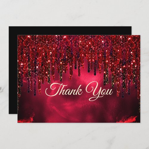 Elegant red faux glitter drips thank you card
