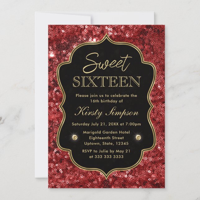 Elegant Red Faux Glitter & Gold Winter Sweet 16 Invitation (Front)