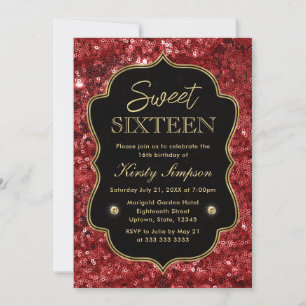 Elegant Red Faux Glitter & Gold Winter Sweet 16 Invitation