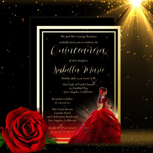 Elegant Red Faux Glitter Quinceaera  Birthday Foil Invitation