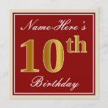 [ Thumbnail: Elegant, Red, Faux Gold 10th Birthday; Custom Name Invitation ]