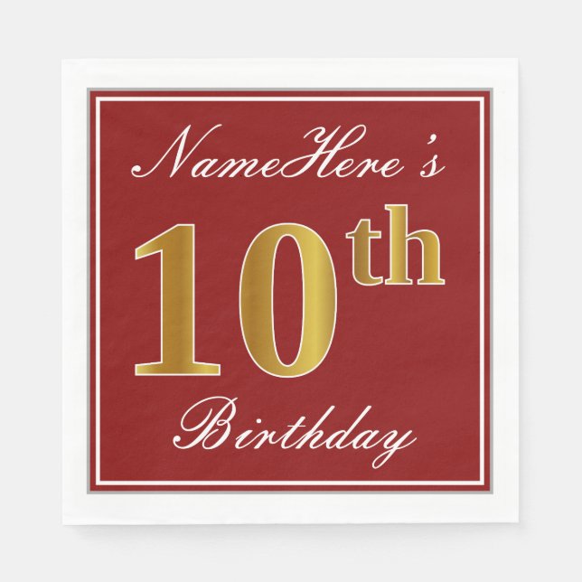 Elegant Red, Faux Gold 10th Birthday + Custom Name Paper Napkins (Front)